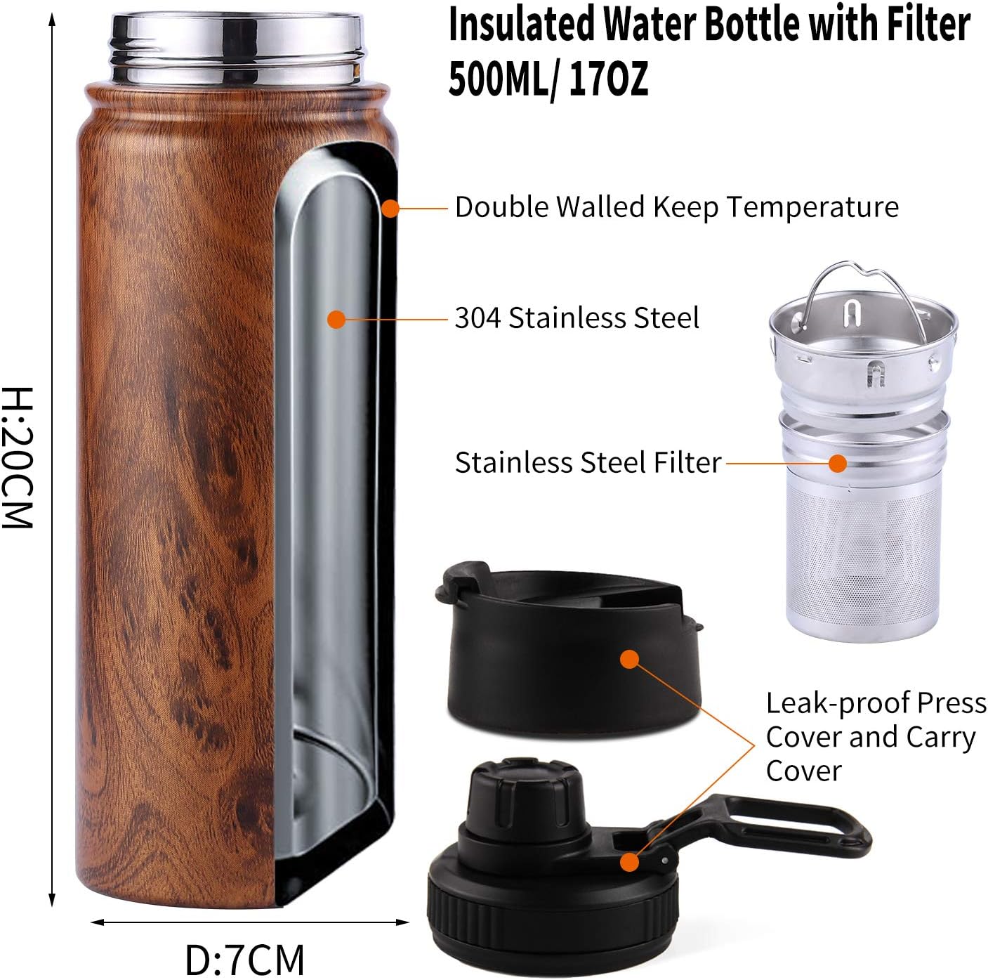 Sivaphe Tea Infuser Bottle With Removable Loose Leaf Tea Strainer, 18/8 Stainless Steel Insulated Travel Tumbler Festival Gift(Wood Grain) - Image 3