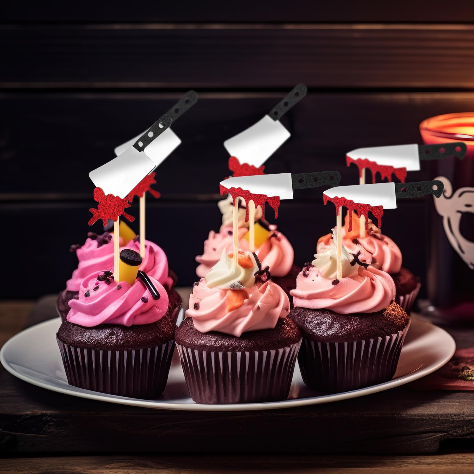 24 Pics à Cupcakes Halloween Couteau Sanglant - 2 Styles (couteau De Cuisine Et Couteau à Fruits), Carton Or/argent
