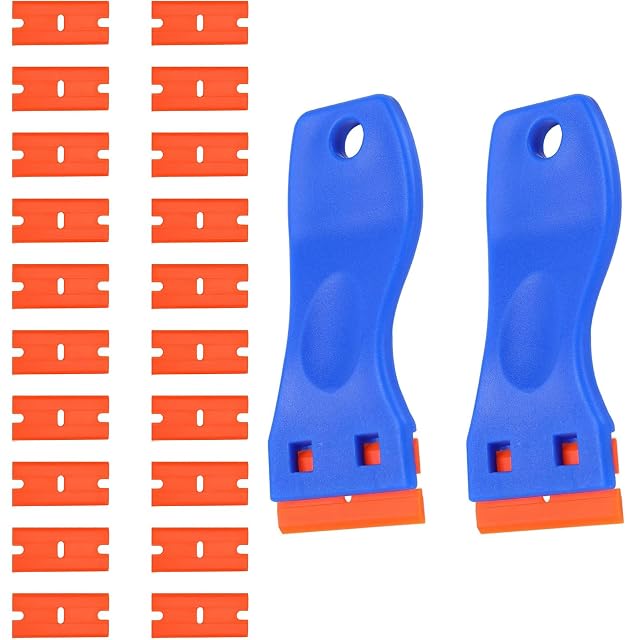 2 Mini plastikowy skrobak z 20 plastikowymi arkuszami, plastikowy skrobak, usuwanie odpadów klej do usuwania naklejek na szyby i naklejki samochodowe, zmywacz