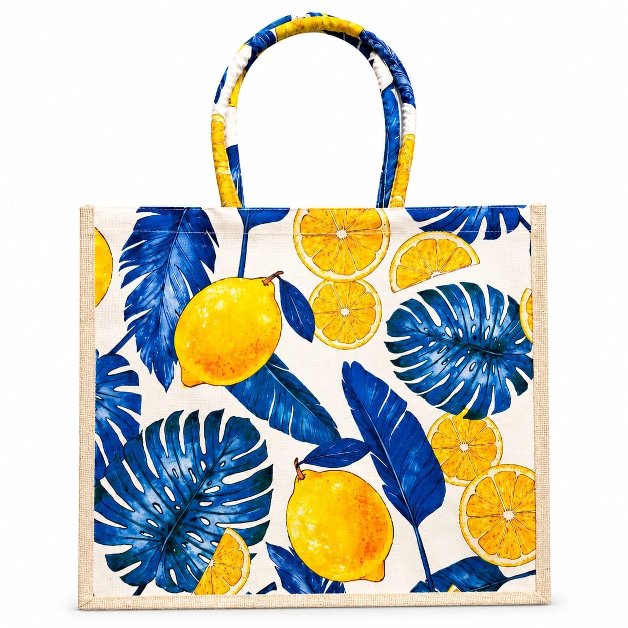 Printed Jute Tote Bag for Women | Lemon & Tropical Leaf Design | Eco-Friendly Reusable Shopping Bag | Large Multipurpose Shoulder Handbag for Office, College, Beach & Travel-image-44