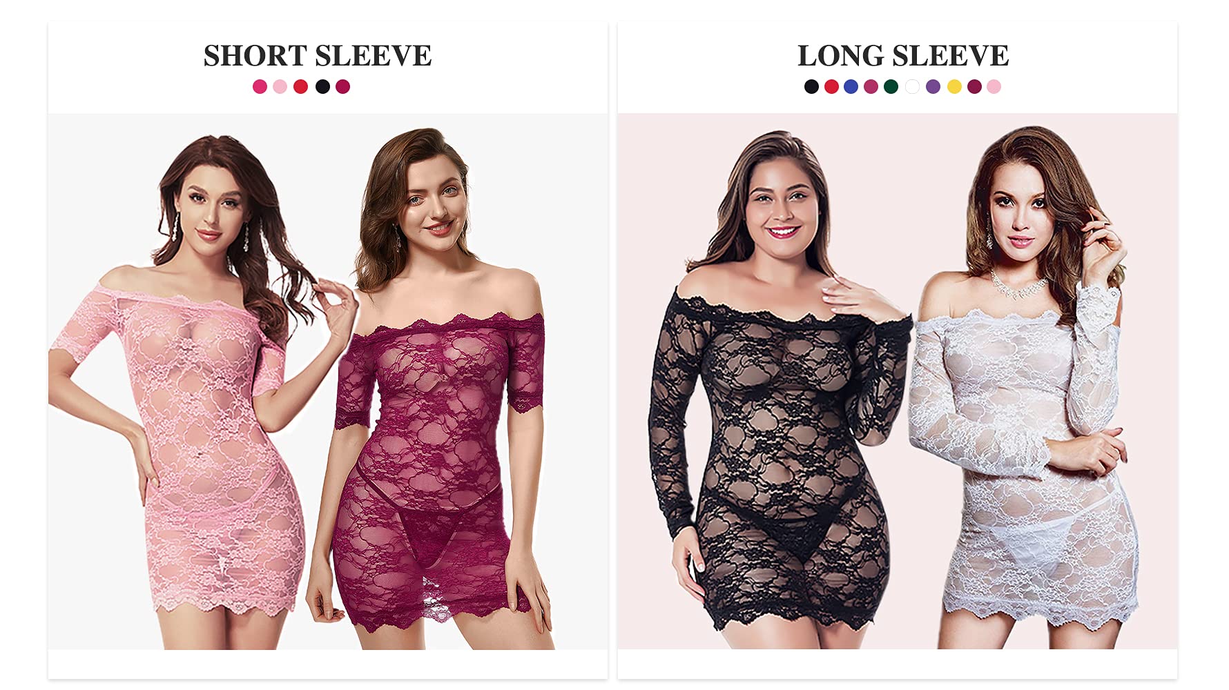 LINGERLOVE Plus Size Women's Sexy Babydoll Dress Lingerie Floral Lace Off Shoulder Chemise Sleepwear: Rose Medium-Large