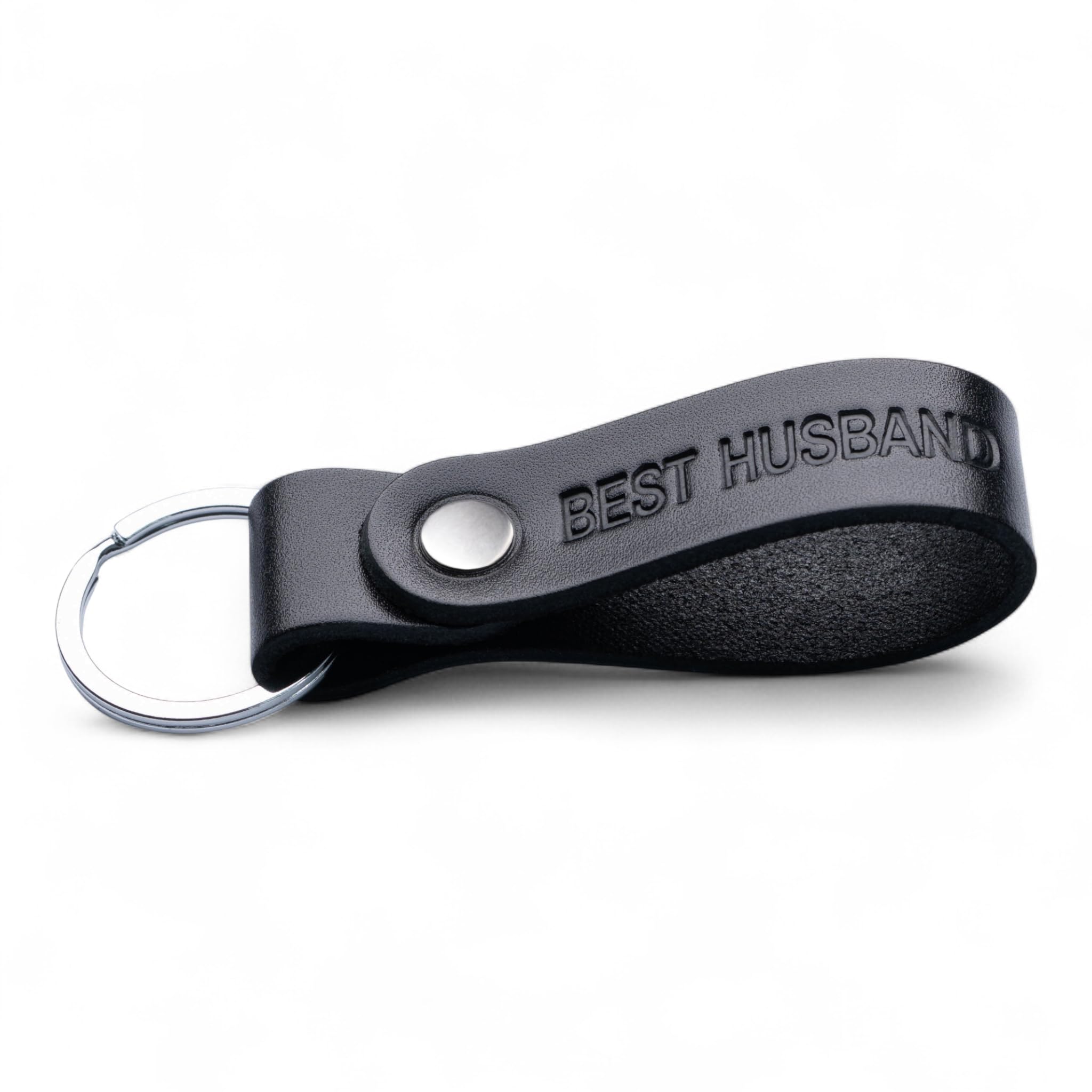 MAGOR Leather Full Grain Keyring for Men and Women, Personalised Keychain for Car or Home Keys, Elegant Black Key Ring with Hot Embossed Design, Premium Gift for Him Her Dad Husband (BEST HUSBAND)