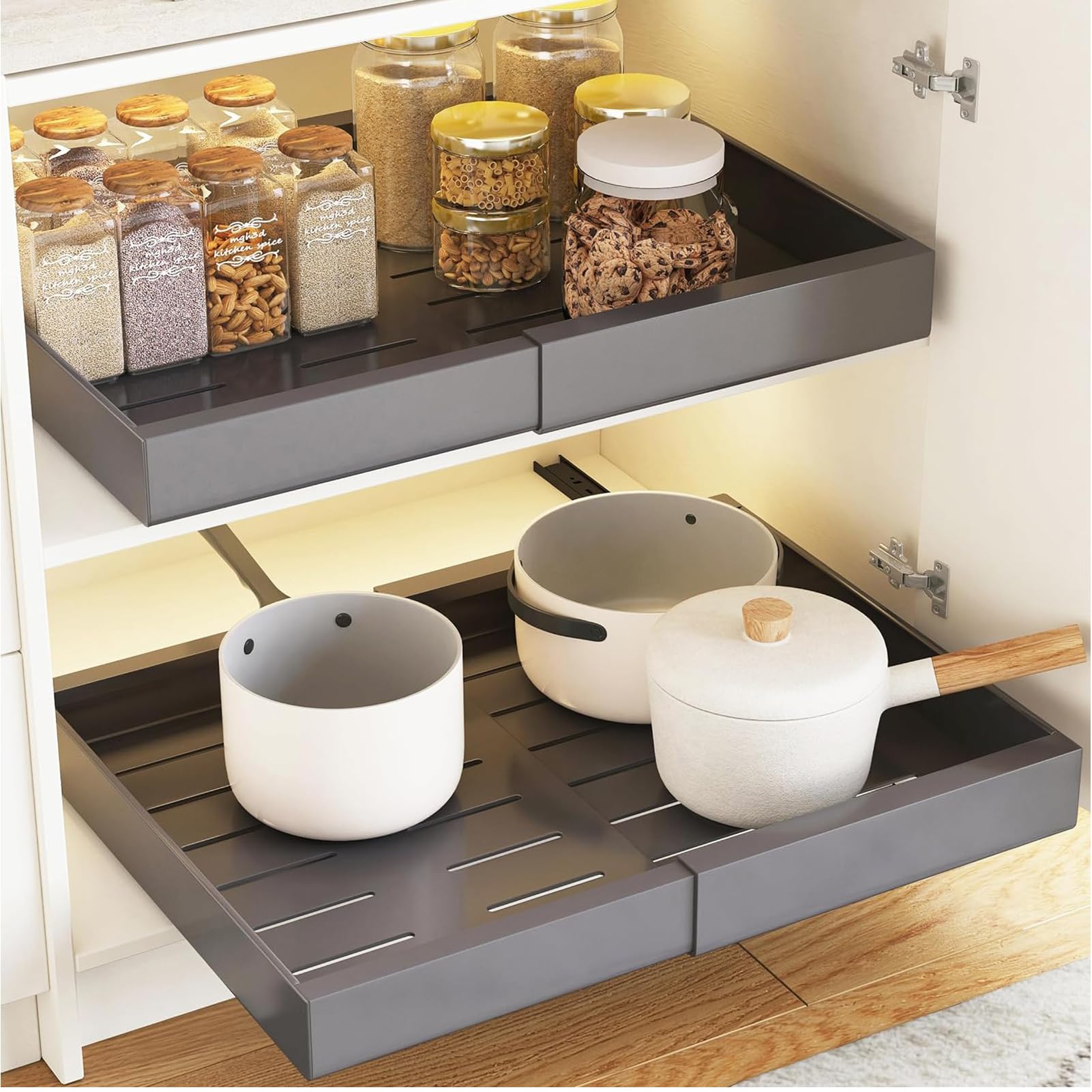 U-HOOME Pull out Cabinet Organizer,Expandable(43.5-68cm)Slide out Drawers Fixed with Adhesive Nano Film,Slide Out Pantry Shelves Storage for Kitchen Cabinet Organization,Pantry,Bathroom (L-grey-1pcs)