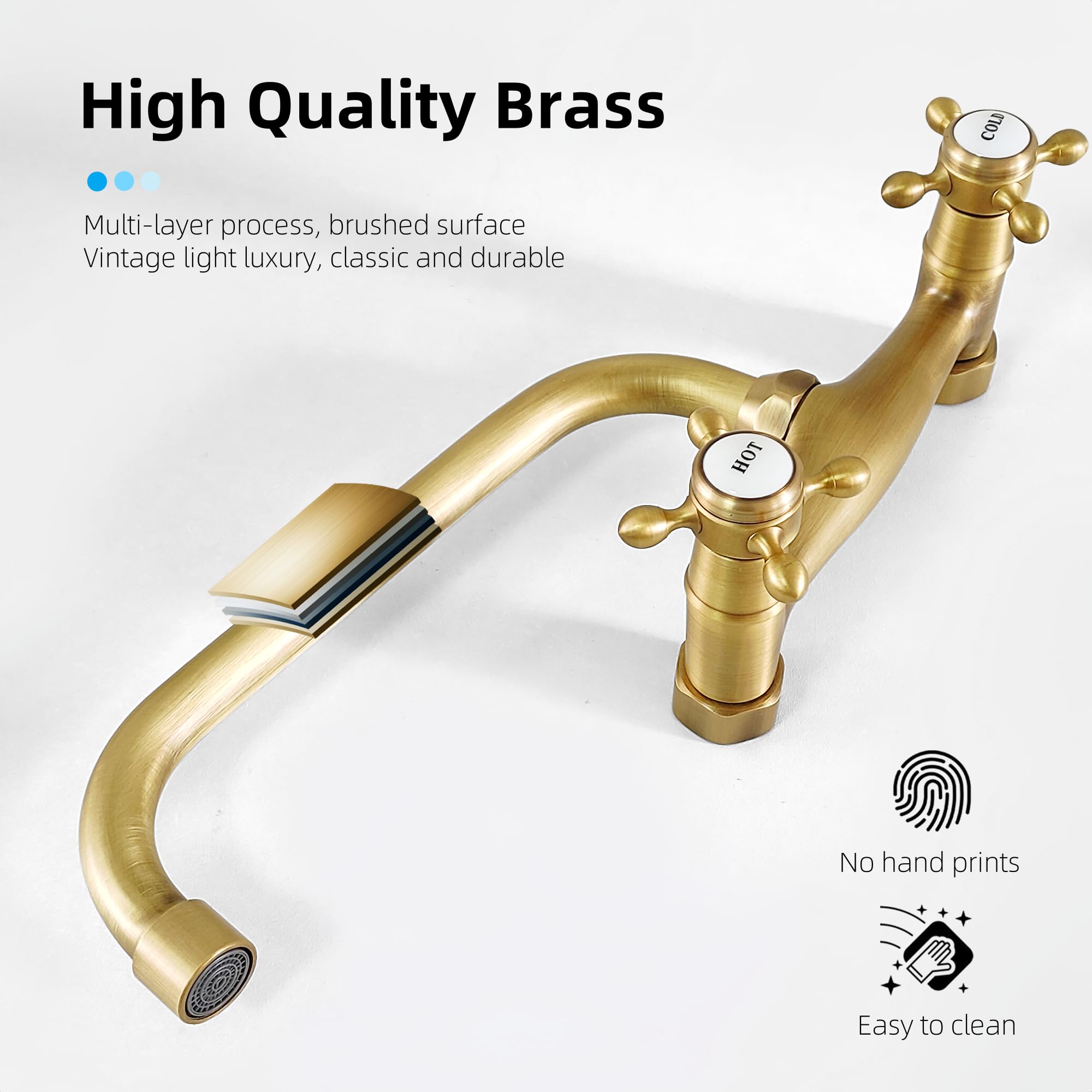 Rubinetto da Cucina a Muro in Ottone Anticato, Vintage Miscelatore Lavello a Parete in Bronzo, Girevole a 360° Doppia Manopola Rubinetti per Bagno e Cucina, Bocca da 23 CM