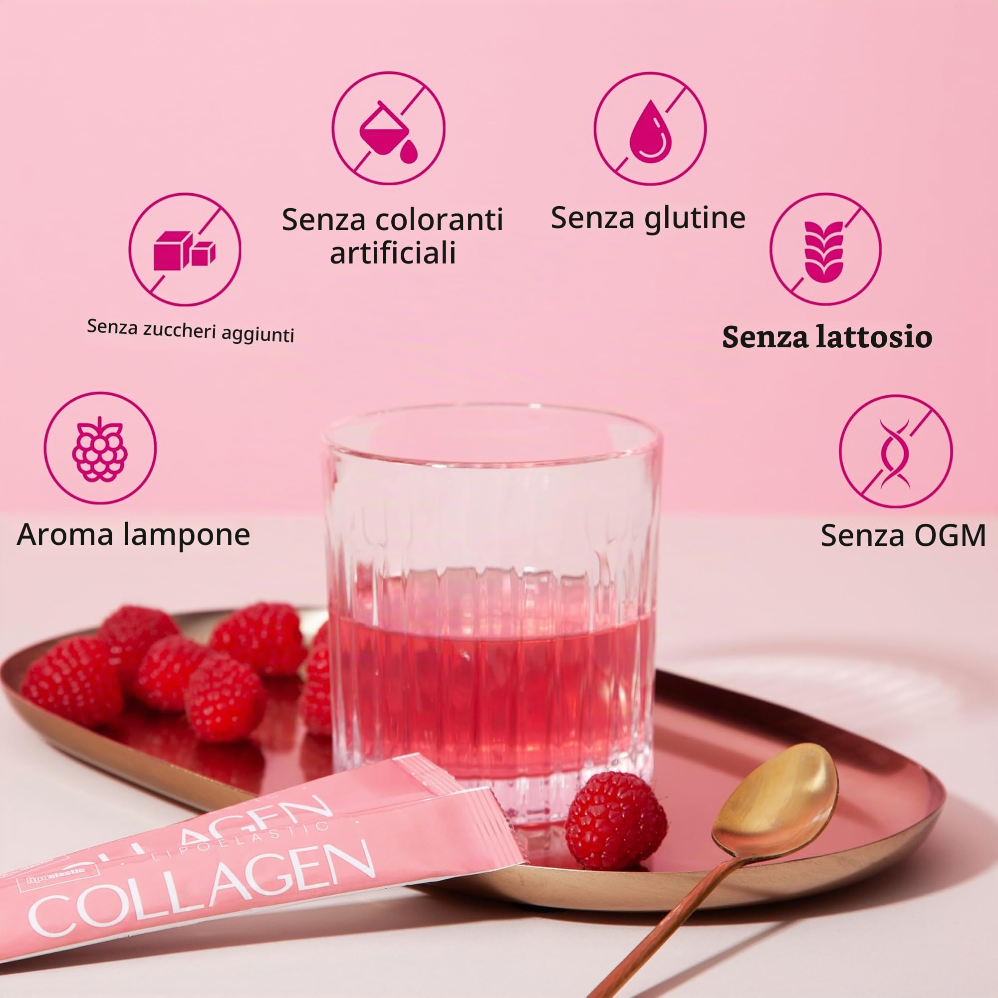Collagene Marino con Acido Ialuronico by LIPOELASTIC - Integratori per Capelli con Vitamina C, Magnesio, Ferro, Zinco - Polvere al Gusto Lampone - 30 Bustine-Donne e Uomini.