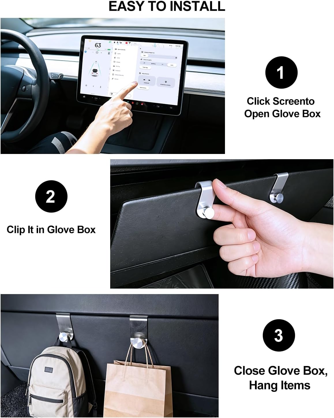2PCS Metal Glove Box Hooks for Tesla Model Y Juniper Accessories 2025-2026 Stainless Steel Center Console Organizer Bag Holder Model Y Car Purse Storage Hook Clips Silver