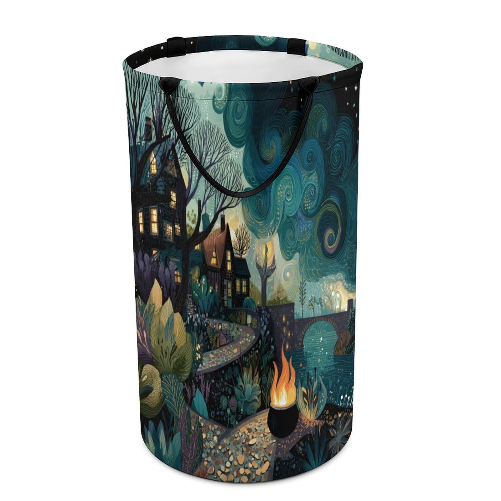 LUYYSKY Abstract Watercolor Spooky House Collapsible Dirty Clothes Basket, Rustic Beautiful Halloween Starry Sky Forest Fantasy Castle Portable Clothes Storage Basket