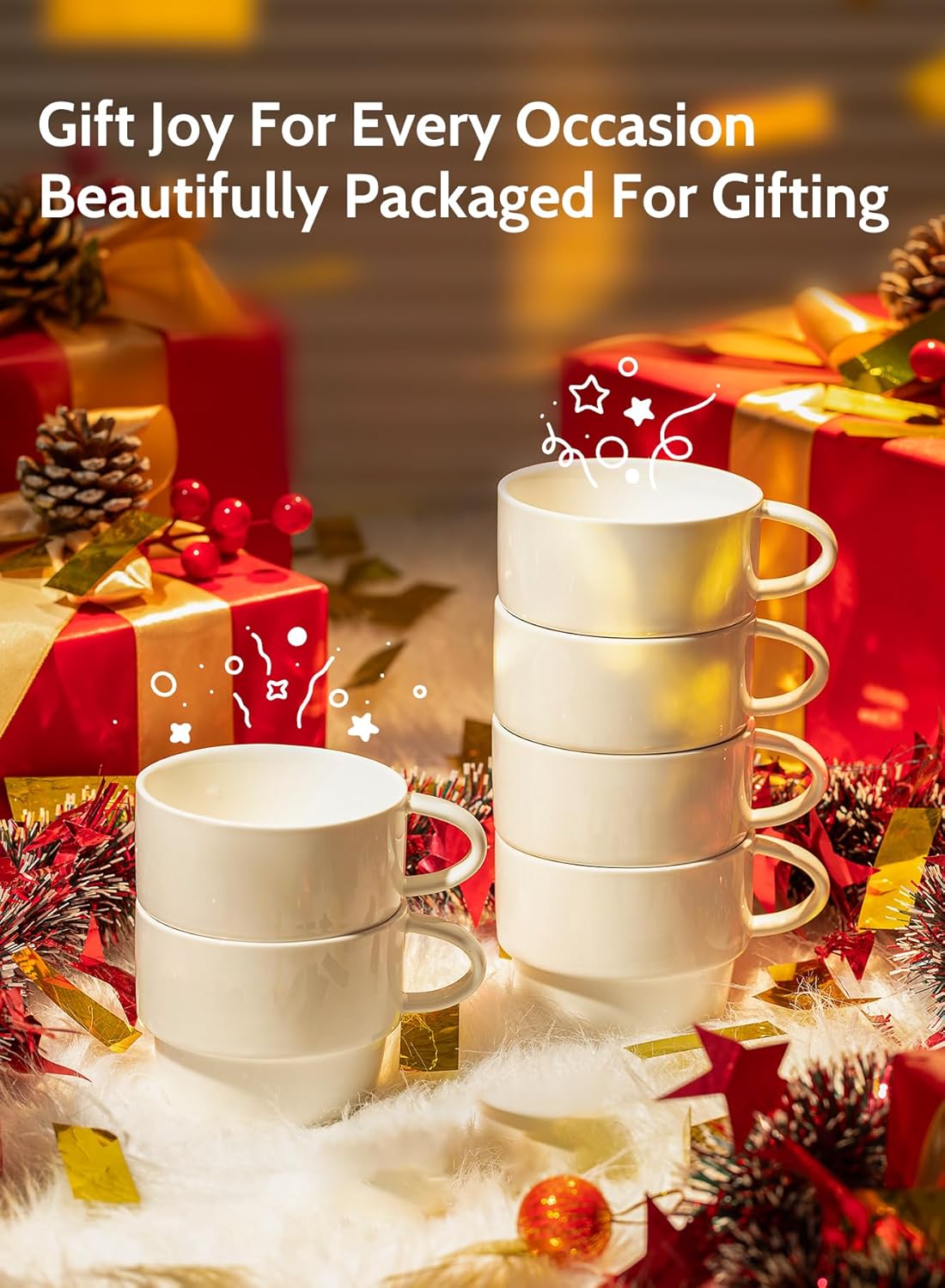Sweese Porcelain Espresso Cups Set of 6, White Ceramic Espresso Coffee Cups with Handle, 6oz Durable Espresso Coffee Mugs for Home & Cafe