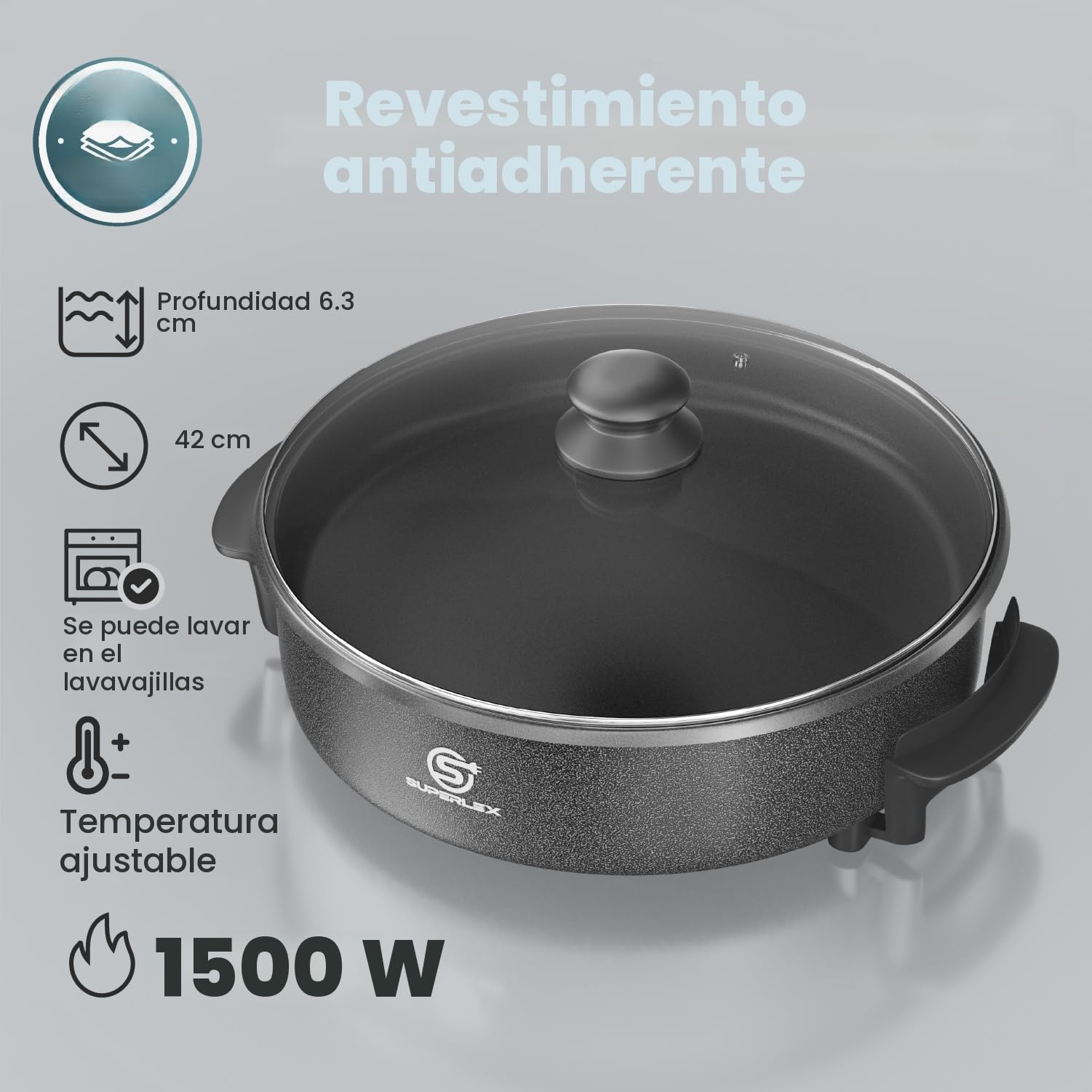 Sartén multifunción de 9,6 litros, con tapa, 42 x 7 cm, 1500 W, sartén eléctrica para pizza, sartén eléctrica para fiestas