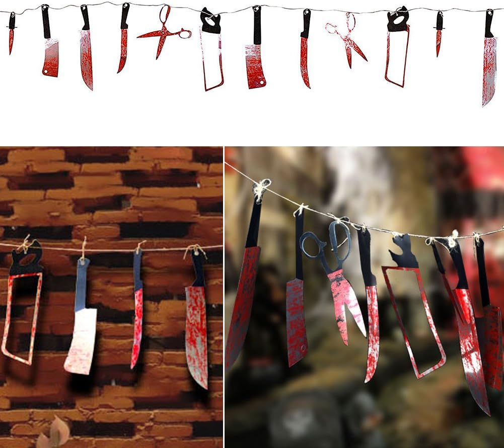 7.5 ft Long Paper Bloody Splatter Halloween Horror Scary Metallic Butcher Knife Chainsaw Weapon Killer Tools Garland Party Decoration Haunted House Banner