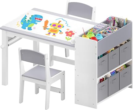 DOREROOM Kids Art Table and Chair Set, Craft and Play Wood Activity Table with Storage Bins and Paper Roll, Toddler Desk for Playroom/Nursery/Home, Kids Table and Chairs Set for Drawing/Learning/Read