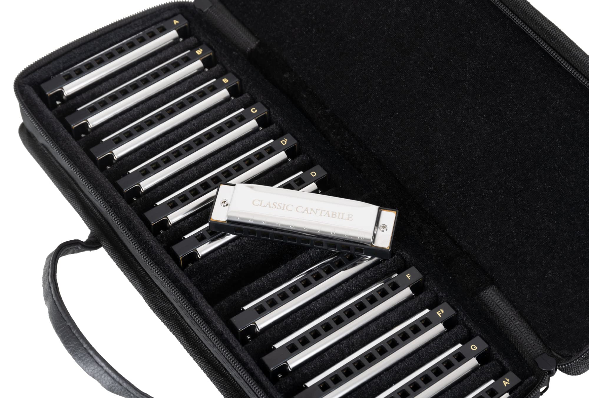 Classic Cantabile AHBS-12 Alabama Blues Harmonica 12er Mundharmonika Set - Diatonische Mundharmonikas in verschiedenen Stimmungen - 10 Messing Stimmzungen - Edelstahl-Gehäuse - Inkl. Etui & Tuch