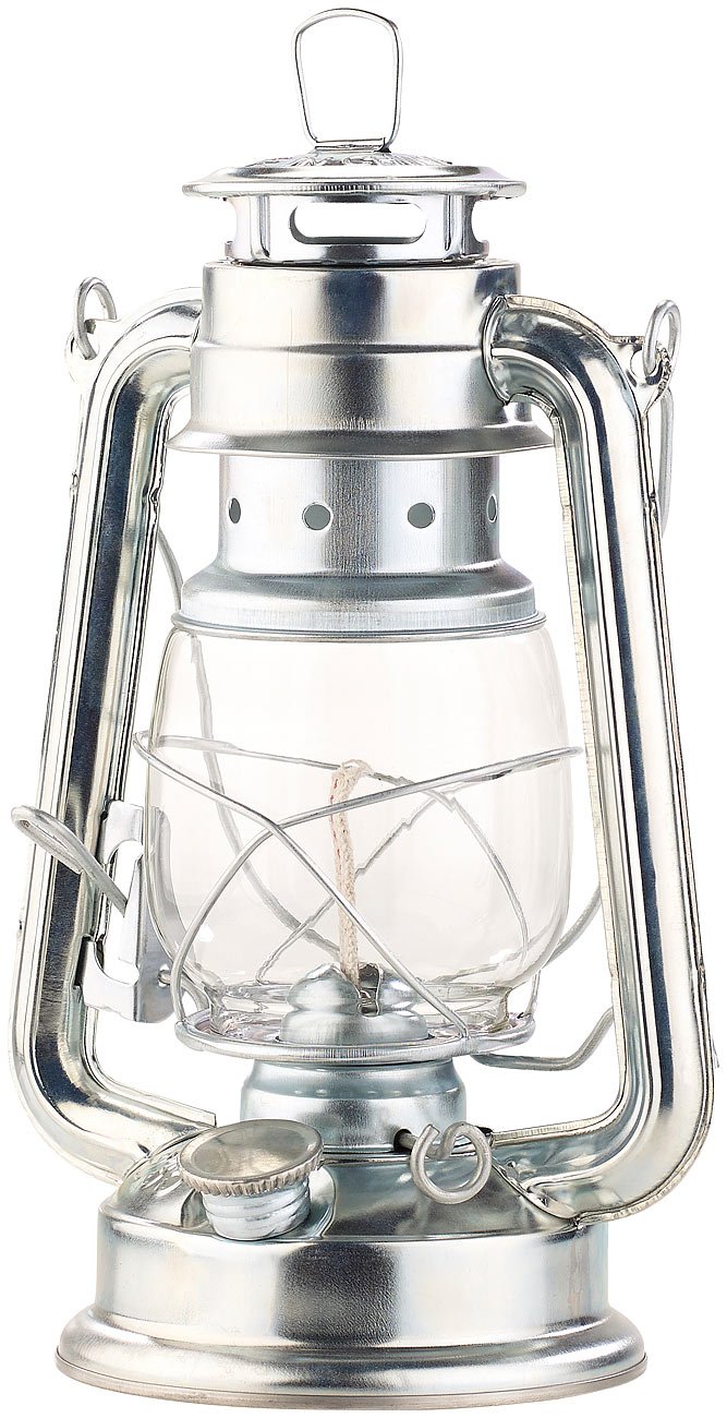 Lunartec Petroleumlampen: Nostalgische Petroleum-Sturmlaterne mit Glaskolben, verzinkt, 24 cm (Petroleumlampe Sturmlaterne, Petroleumlampe Glas, Fackel)
