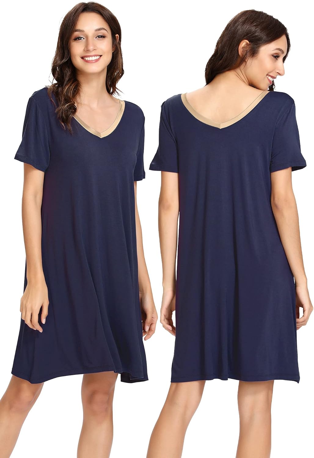 WiWi One piece Nightgowns for Women Viscose from Bamboo Sleep Shirts Plus Size Pajamas Soft Short Sleeve Sleepwear S-4X, Navy, Medium