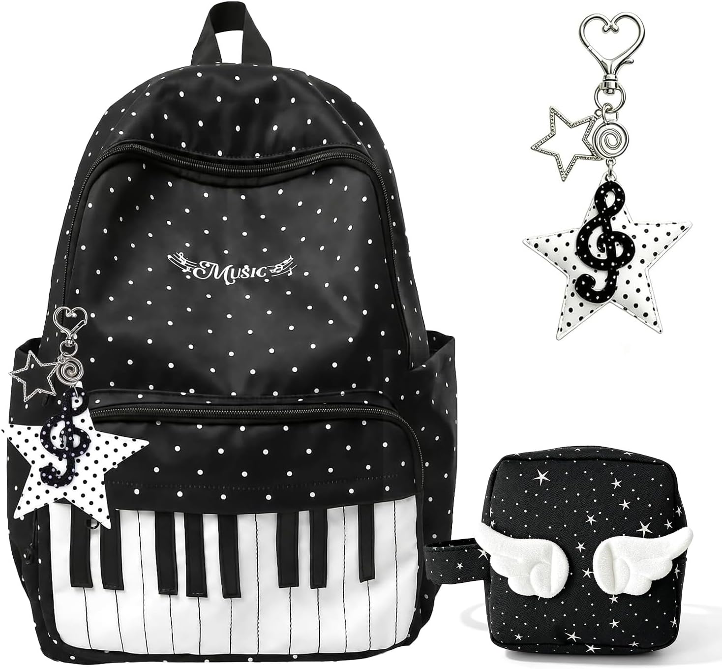 Piano Backpack, Y2K Polka Dot Nylon Music Bookbag, Lightweight Whimsical Daypack for Campus Commute Travel,Black-A