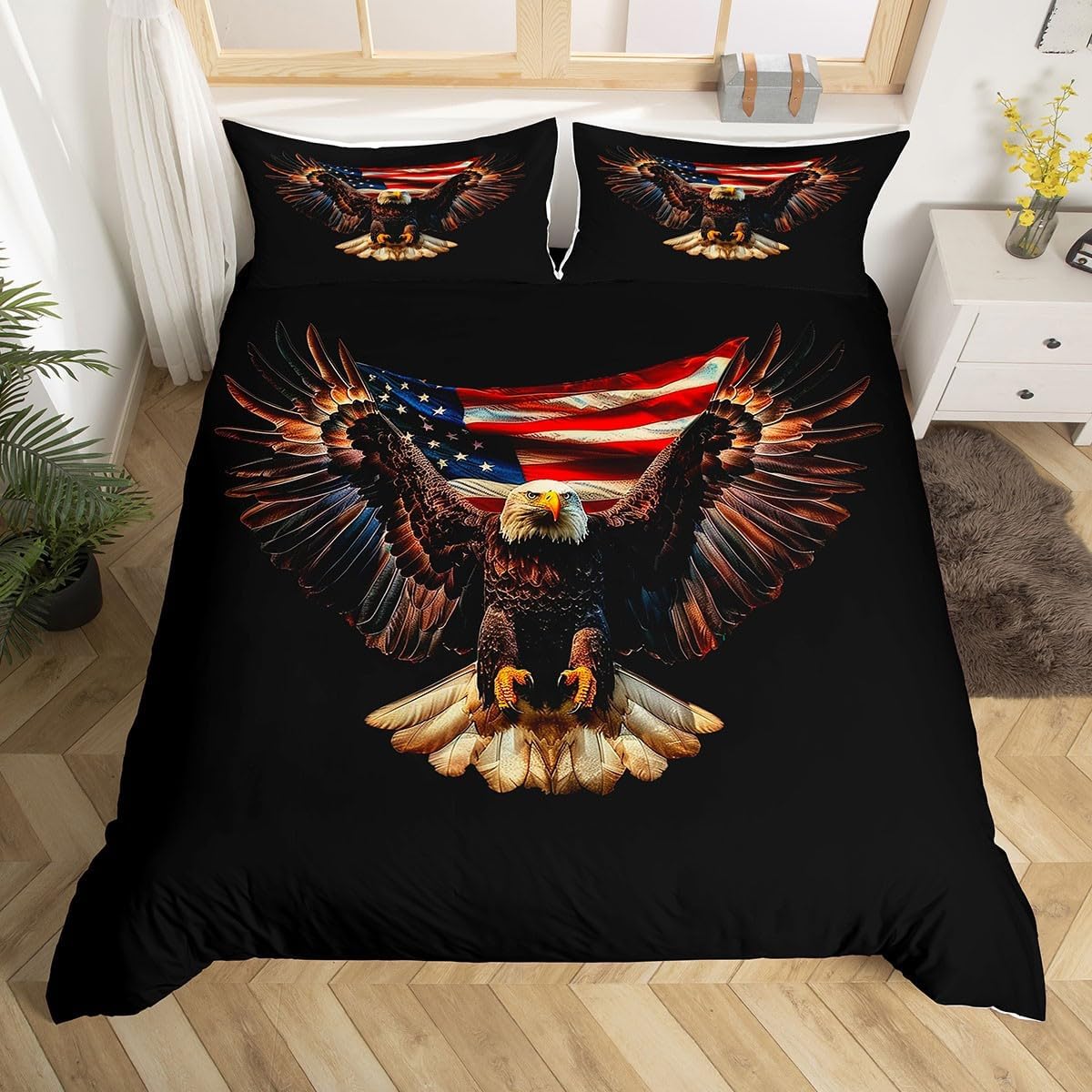Erosebridal Eagle Bedding Set USA Patriotic USA Flag Comforter Cover King Size,Wildlife Flying Birds Duvet Cover for Kids Boys Girls Adultsunited States Bed Set