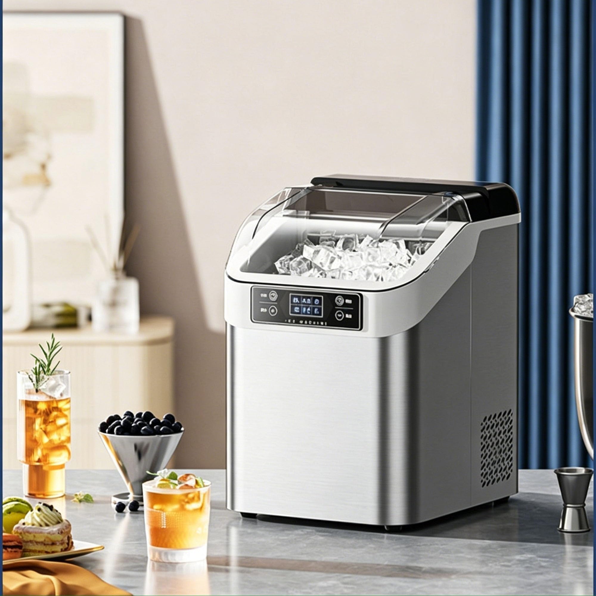 Tisch-Eiswürfelmaschine, Tragbare Eiswürfelmaschine, 30kg/Tag, Intelligentes Display, Auto-Reinigung, für Kleine Partys, Schlafsäle, Camping(B)