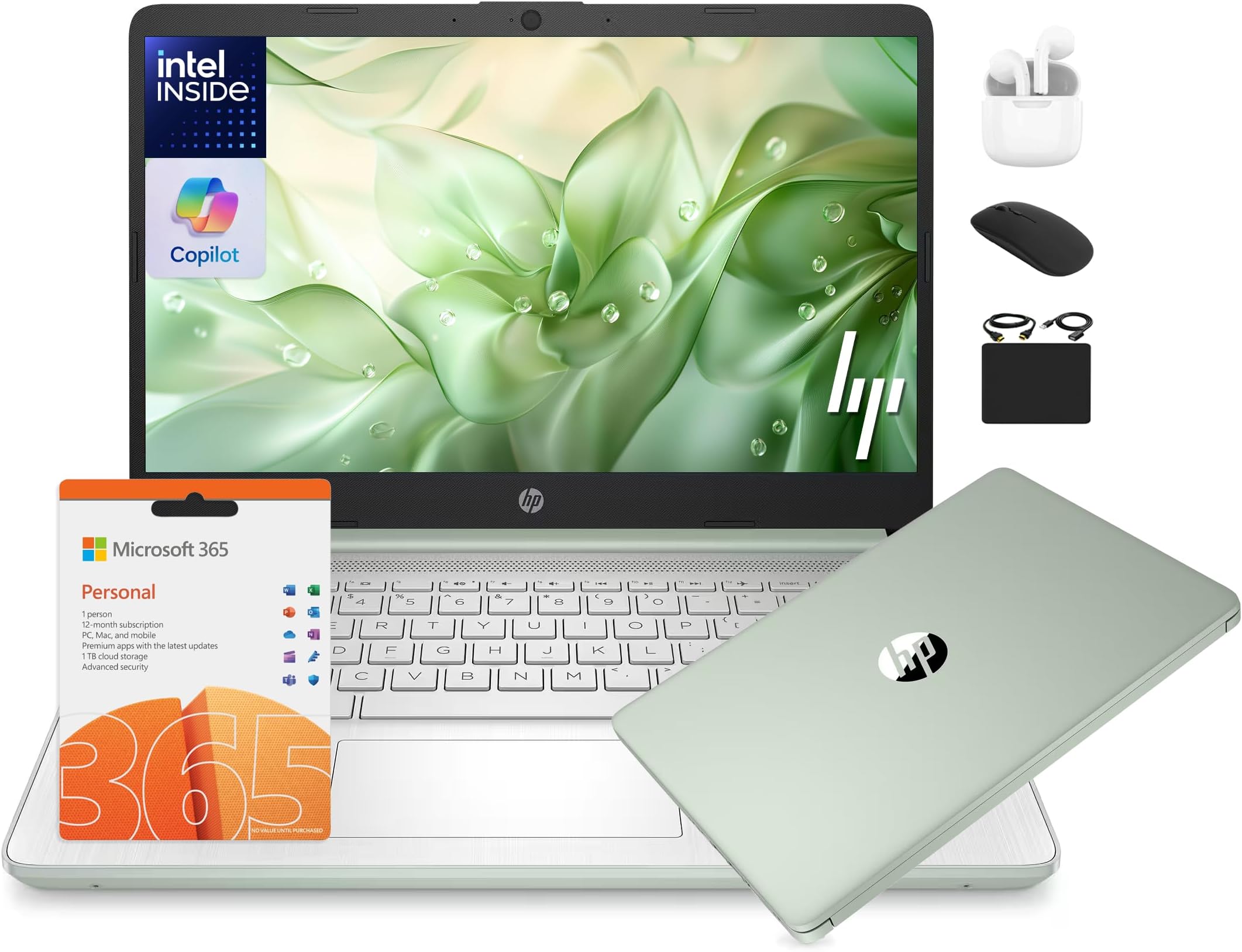 14 Laptop Student Business 2025 Flagship Computer, AI Copilot, 4-Core 13th Gen Intel CPU, 16GB RAM 628GB Storage (128GB UFS+ 500GB Ext), 1-Yr Office 365, Long Battery HubxcelAccessory Win 11S Green