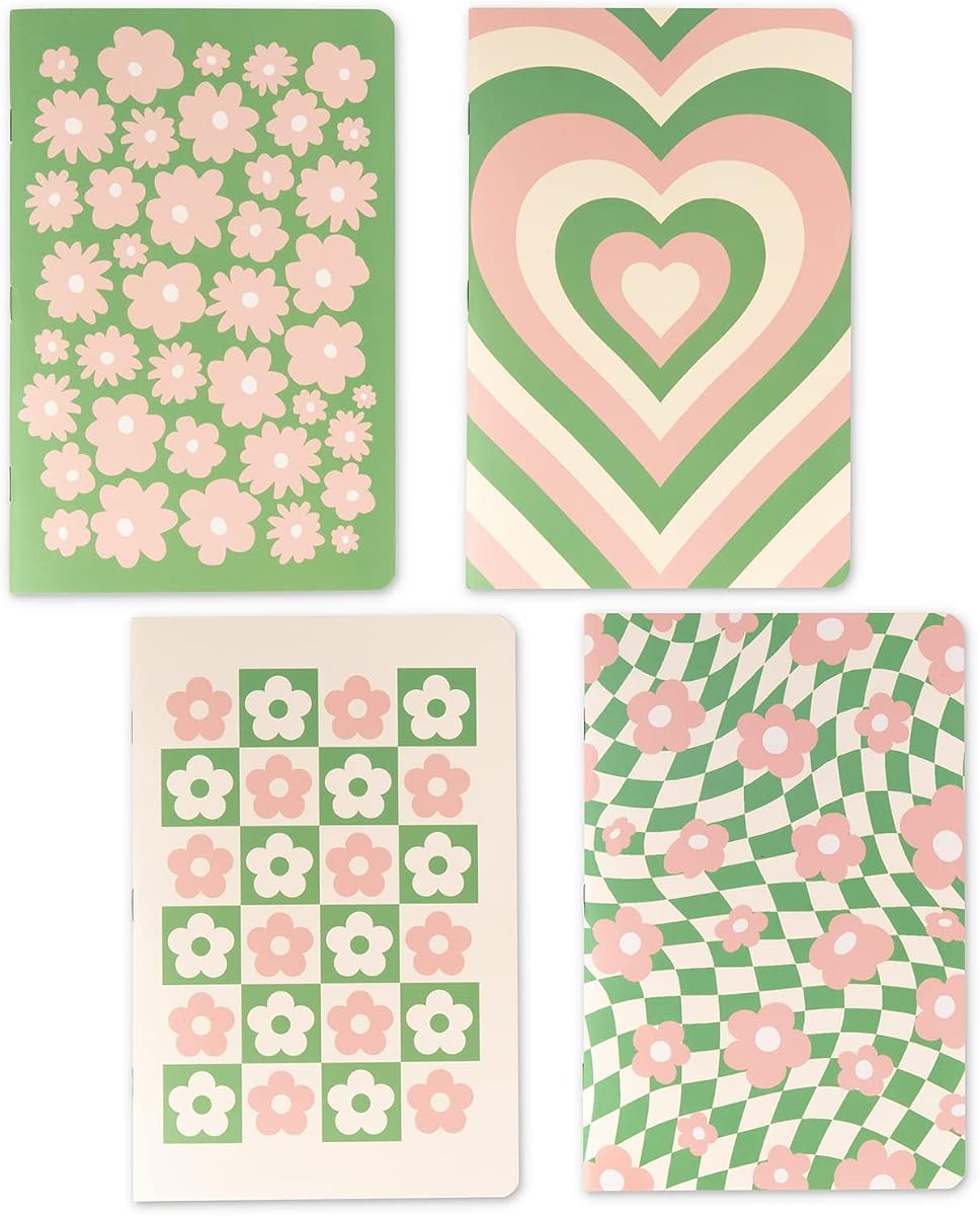 THiNKABLE Cute Journal Set, 4 Pack Pastel Notebooks, A5 60 Pages, Green Pink Aesthetic Notebook for Girls, Pretty Stationery, Travel Journal for Women Lined Paper, Soft Cover Journals