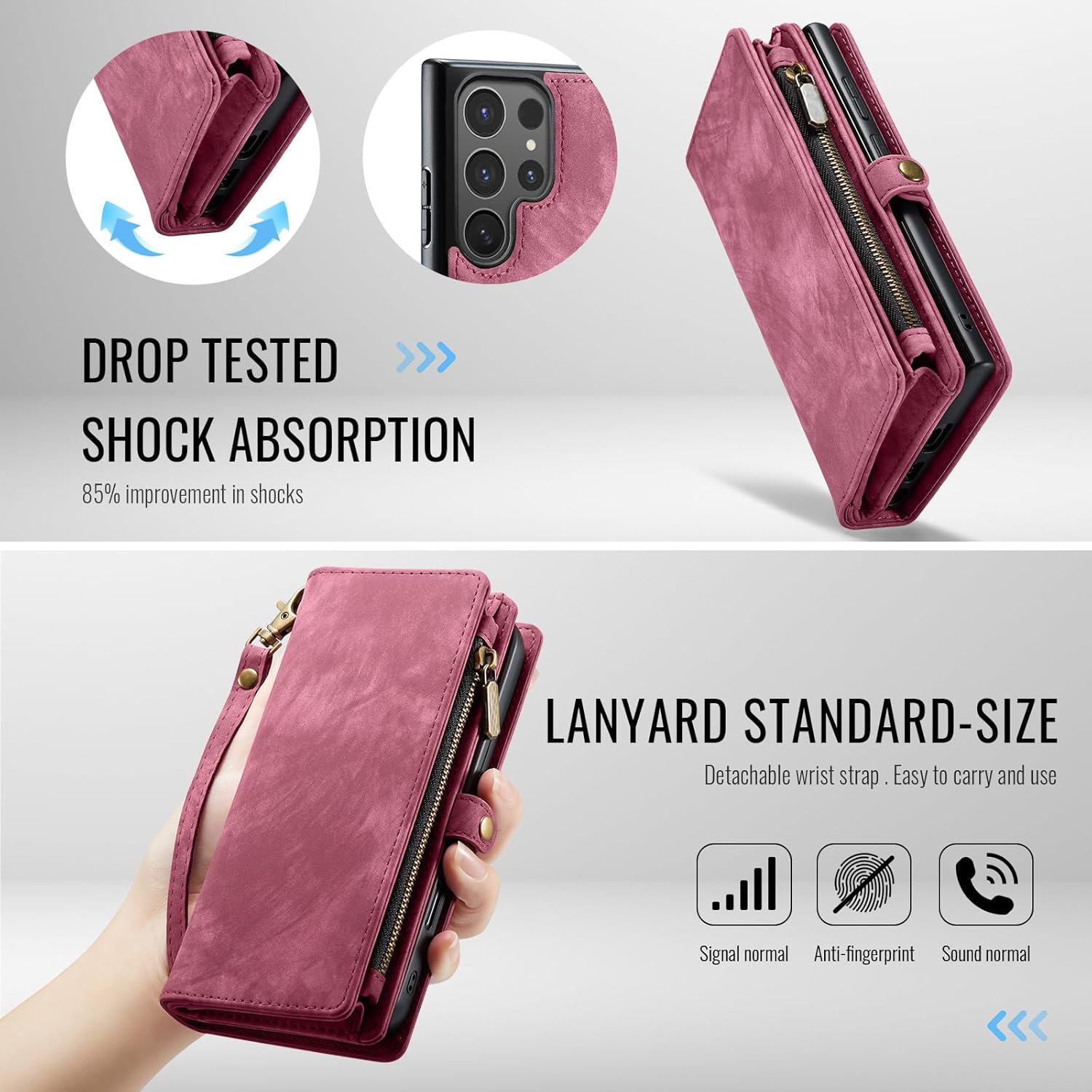 Asuwish Phone Case for Samsung Galaxy S25 Ultra 5G Zipper Wallet Magnetic Detachable Cover with Tempered Glass Screen Protector and Flip Cash Card Holder Cell S25Ultra 25S S 25 25Ultra Women Men Red
