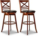 COSTWAY 25'' Barstools Set of 2, 360° Rotating Counter Height Chairs with Backrest & Faux Leather Upholstered Seat, Rubber Wood High Top Seats with Footrest for Dining Room, Kitchen Island (2,25'')