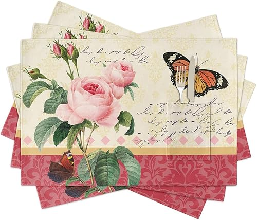 Pink Vintage Floral Table Placemats for Dining Table Set of 4,Cotton Linen Cloth Kitchen Place Mats with Pocket,Washable SquareRectangleRoundOblong