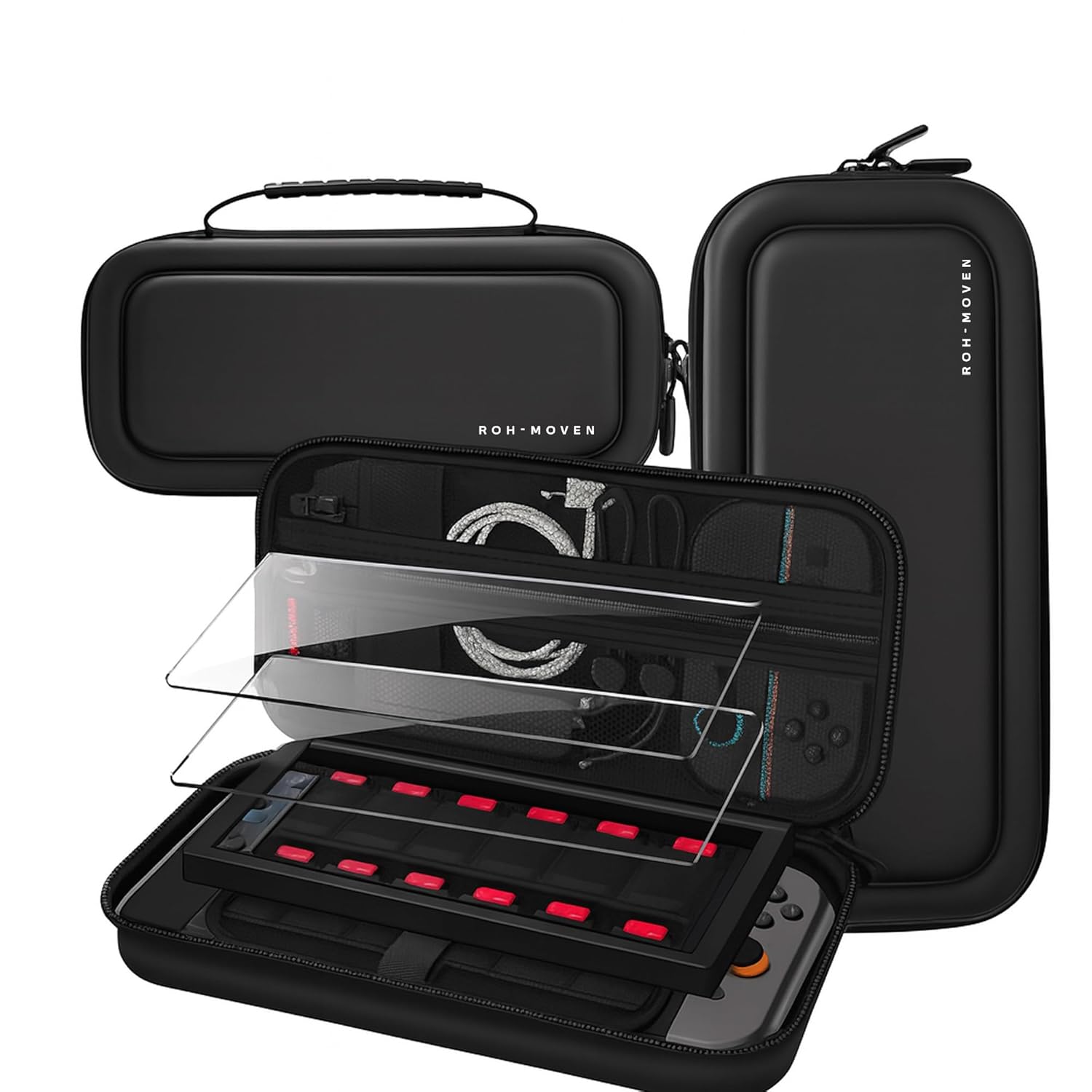 ROH - MOVEN Carrying Case for Nintendo Switch 2 (2025), Portable Hard Shell Travel Game Bag, Accessories Bundle with 2 Tempered Screen Protectors 1 Frame, 12 Game Card Slots, Waterproof, Black