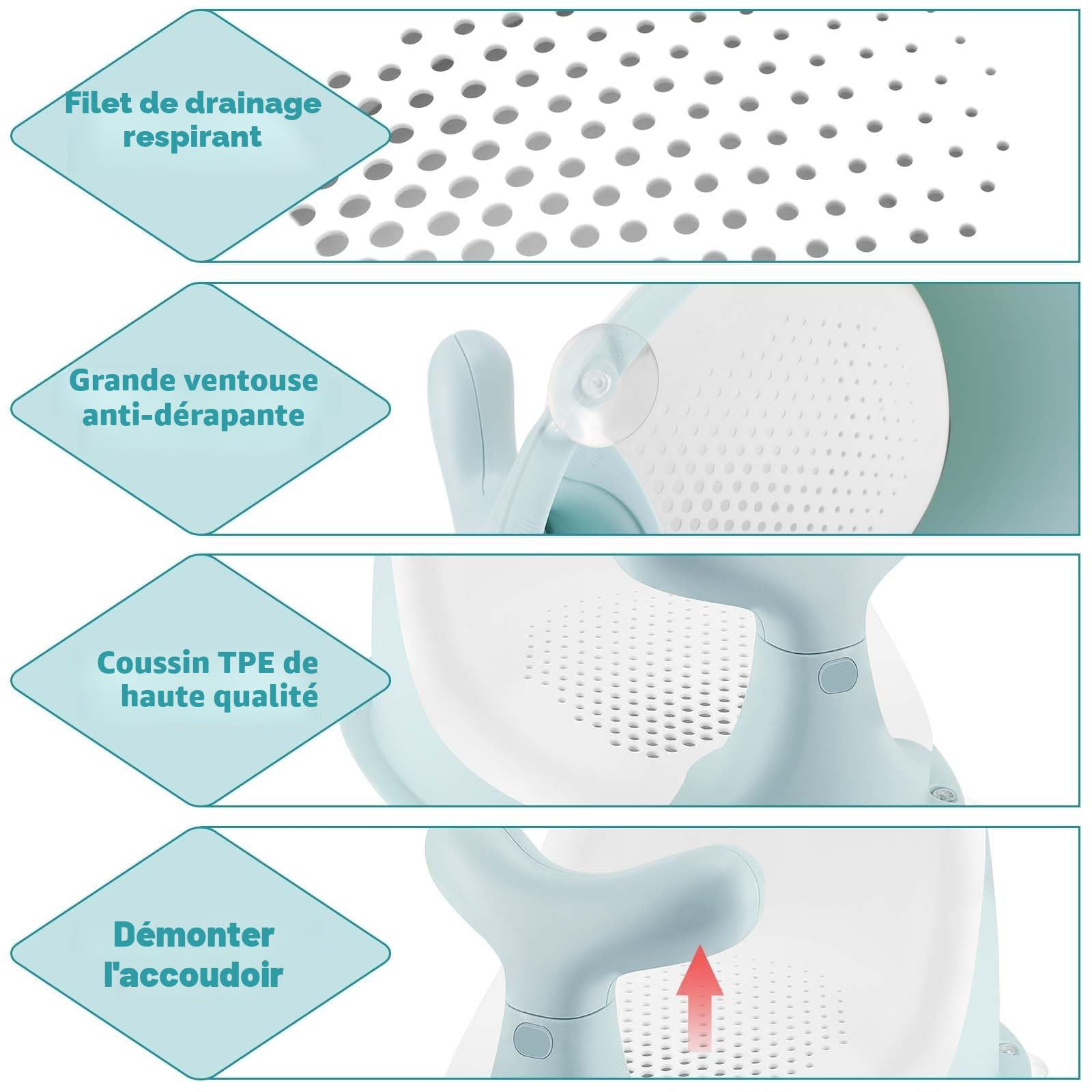 Chaise de Douche pour bébé,forme de baleine mignonne, coussin en silicone en maille respirante et élastique, dossier ergonomique, 4 ventouses antidérapantes puissantes, pour 6 mois et plus (vert)