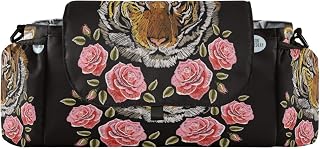 CUPADA Embroidery Tiger Pink Flower Universal Stroller Organizer, Stroller Organizer Bag with Cup Holders Removable Shoulder Strap Fits Most Baby and Pet Strollers