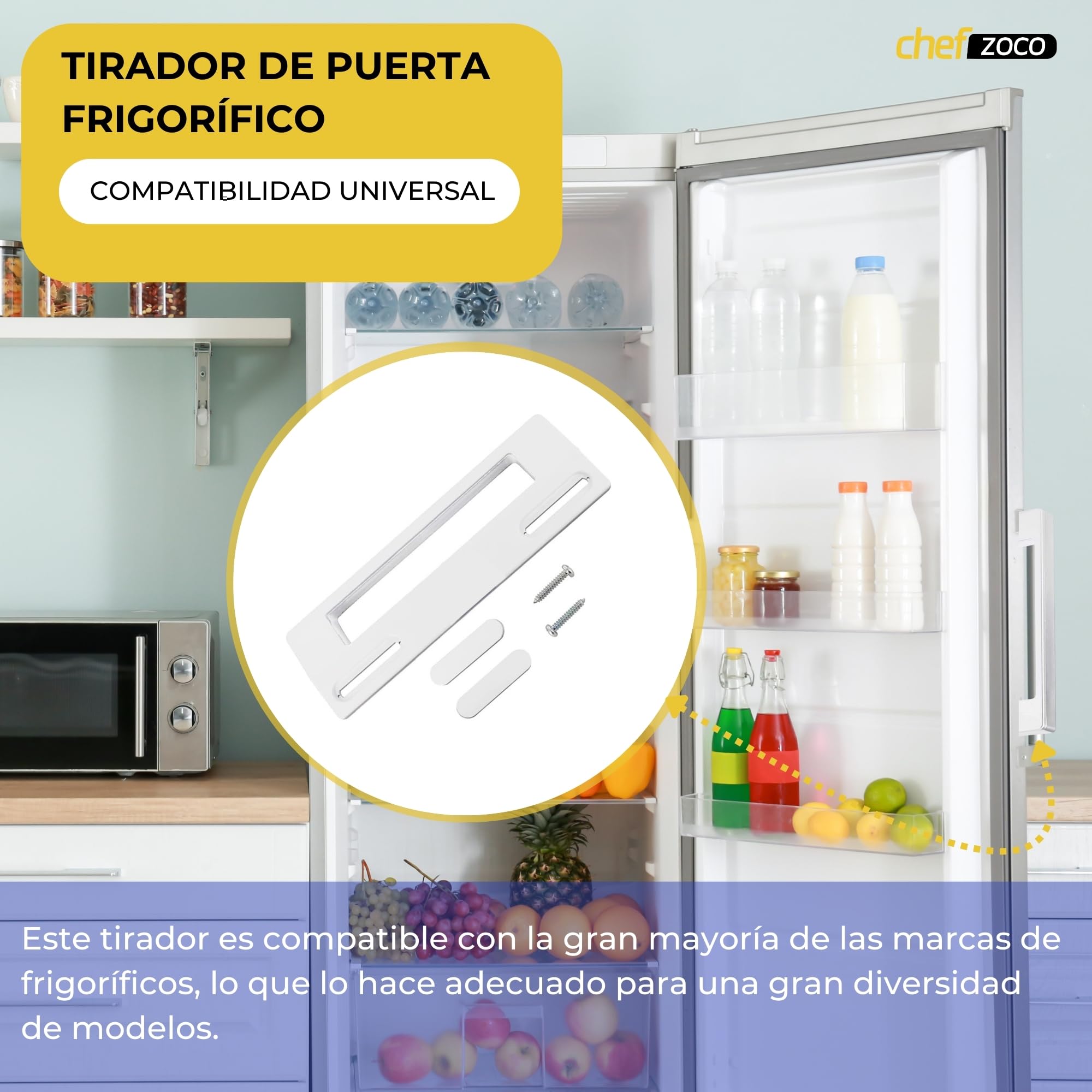Tirador puerta Frigorífico universal, Mango frigorífico, Asa Nevera, Incluye 2 placas protectoras, incluye tornillos, Distancia entre tornillos de 9.5 a 17 cm, Apto para Todas las Marcas — view 2