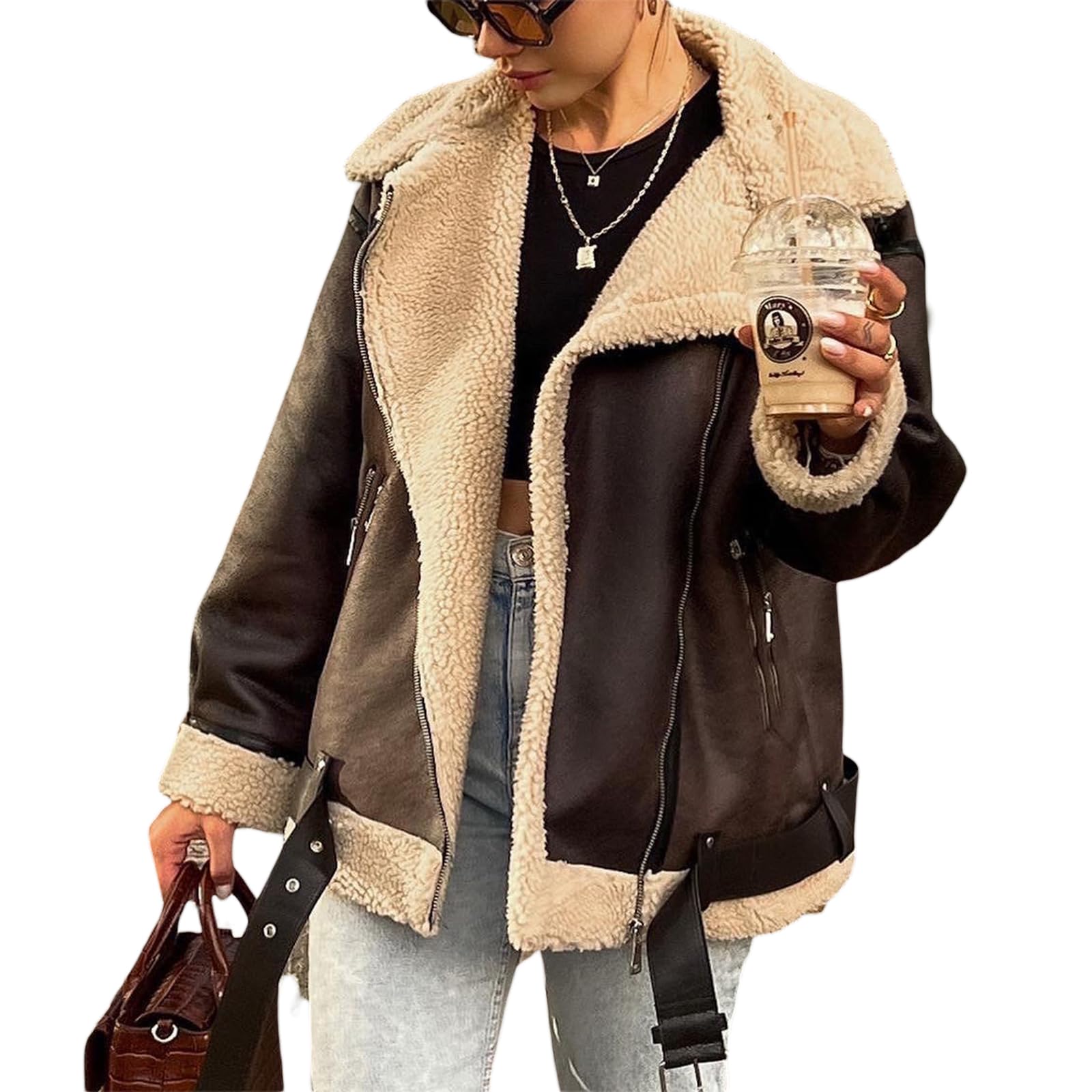 FeMereina Veste courte en cuir synthétique pour femme avec fermeture éclair et revers en fausse fourrure d'agneau