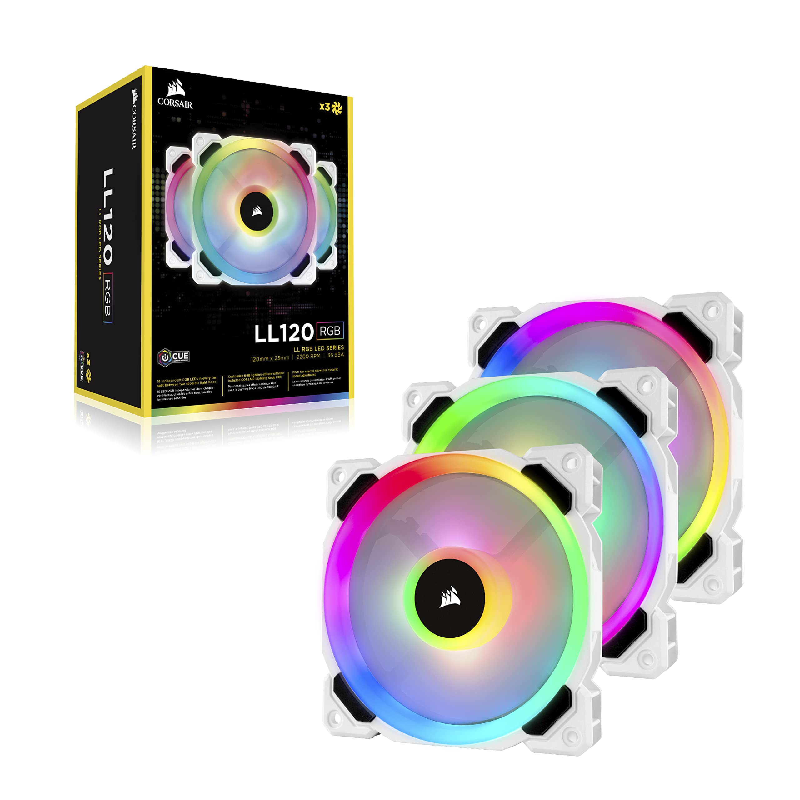 Corsair LL120 RGB - Paquete de 3 ventiladores (Lighting Node Pro, LED 120 mm) blanco (CO-9050092-WW)