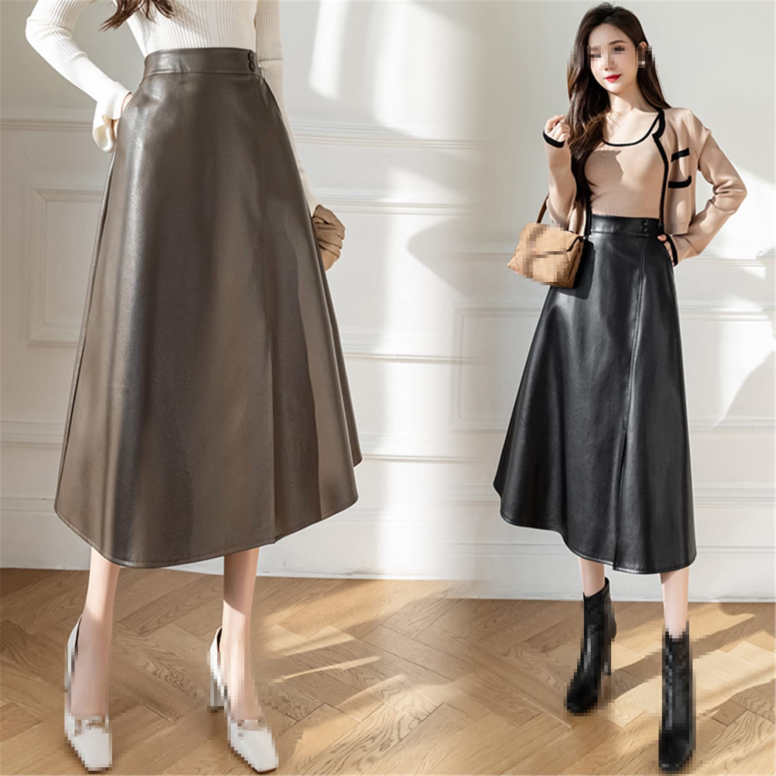 Gonne lunghe da donna in pelle nera PU elastico a vita alta Vintage ombrello A-Line gonne femminili autunno inverno, Caff, M