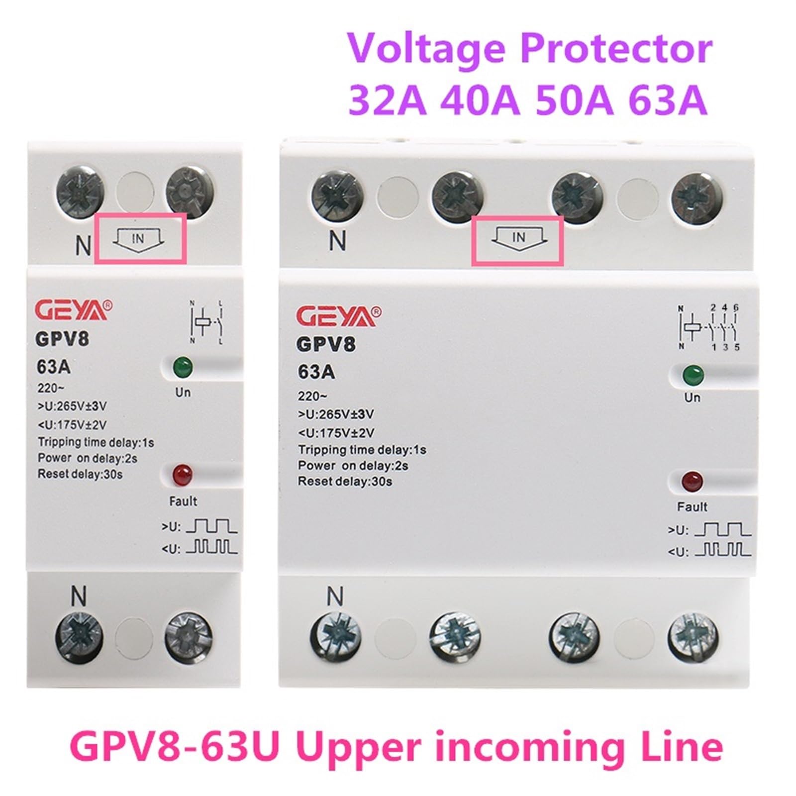 GPV8-63 DIN Szyna automatyczna ochrona przed przepięciem i podnapięciem 220 V AC trójfazowy samoregenerujący się 80A (80a,GPV8-D 4P)