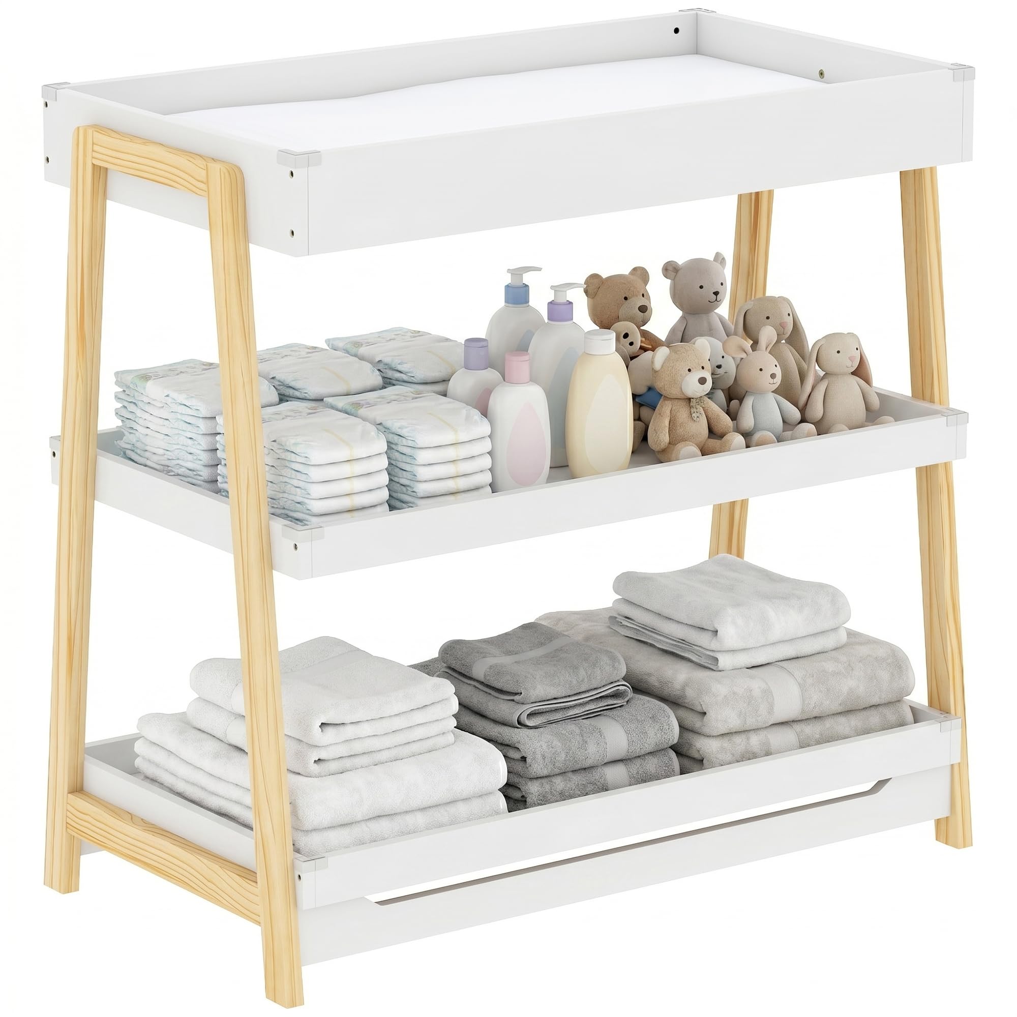 AIYAPLAY Baby Changing Table with 2 Storage Shelves for 0-12 Months White
