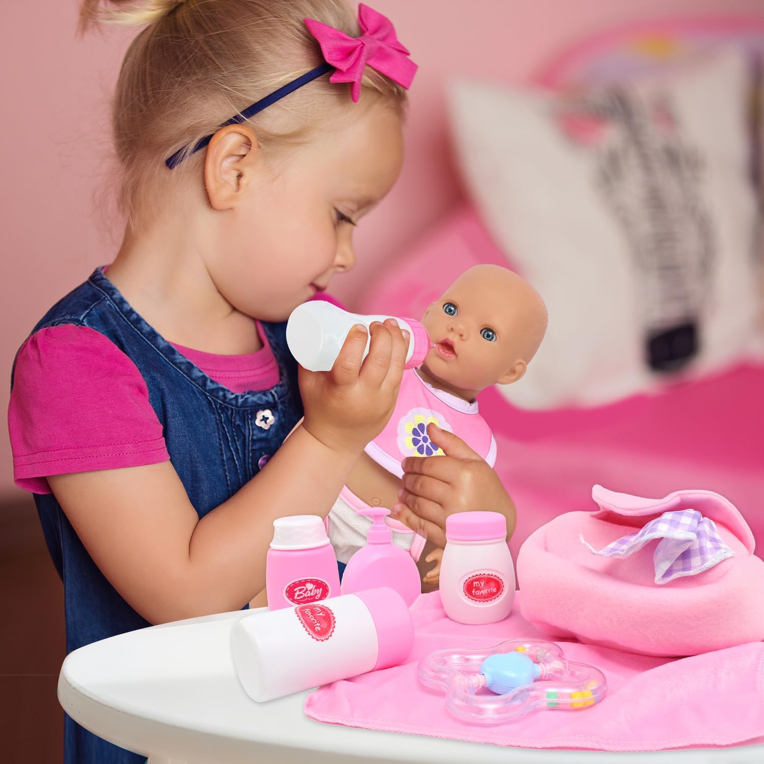 Ecore Fun Baby Doll Feeding Set with Portable Bag - 15pcs 12-18 Inch Dolls Accessories Kit, Includes Bag, Diaper, Bib, Bottle, Tableware, Towel & Care Essentials Pretend Playset