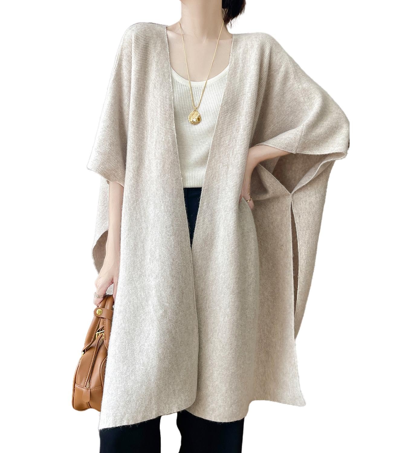 Ailaile 100% Merino Wool Shawl Wrap Women's Knitted Poncho Cape Cardigan Autumn Winter Loose Open Sweater Coat, Milk Camel, One size