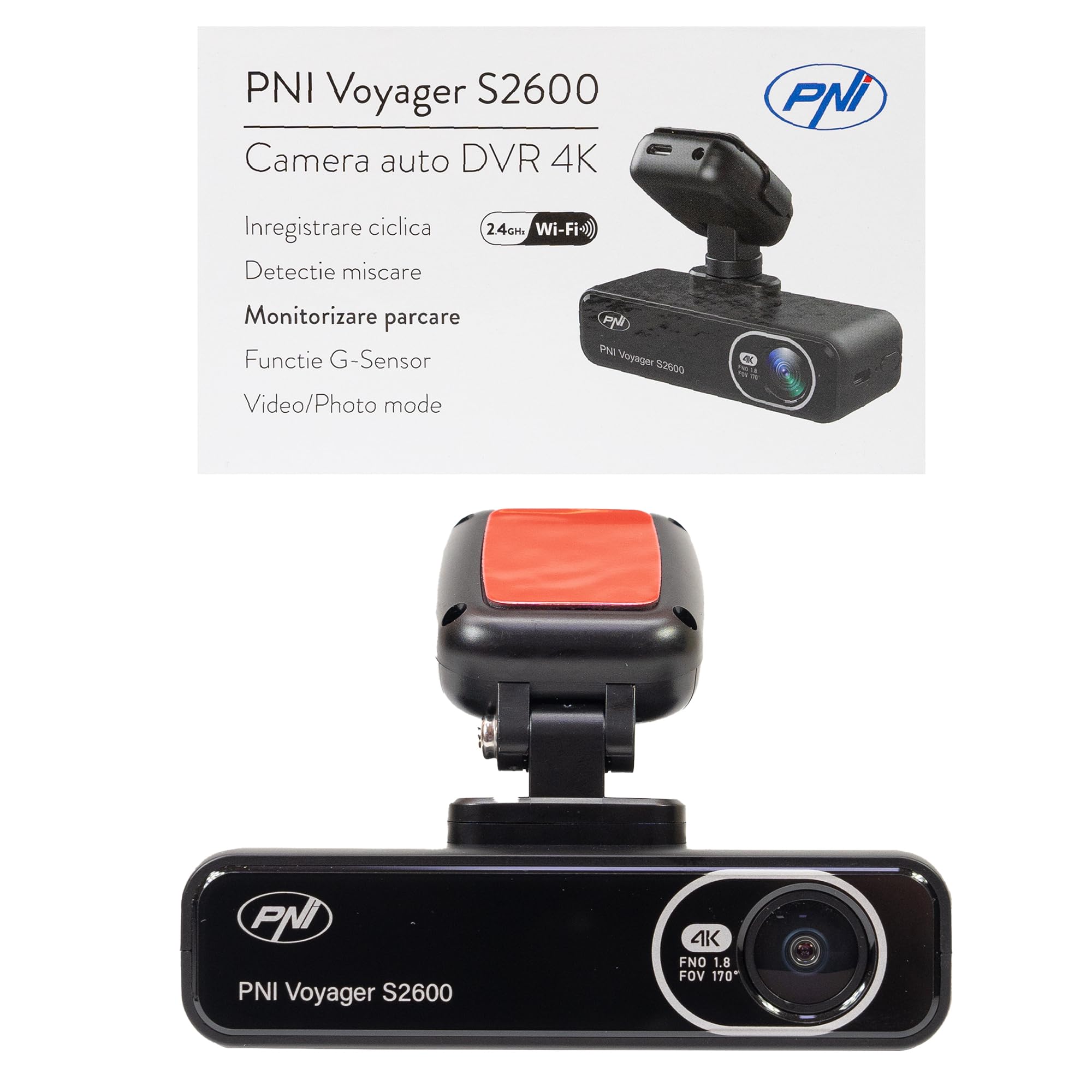 Zestaw 2 kamer samochodowych DVR PNI Voyager S2600 WiFi, 4K Ultra HD, GPS, bez wyświetlacza, funkcja monitorowania parkowania, czujnik G, nagrywanie wideo i audio, zasilanie 12 V/24 V