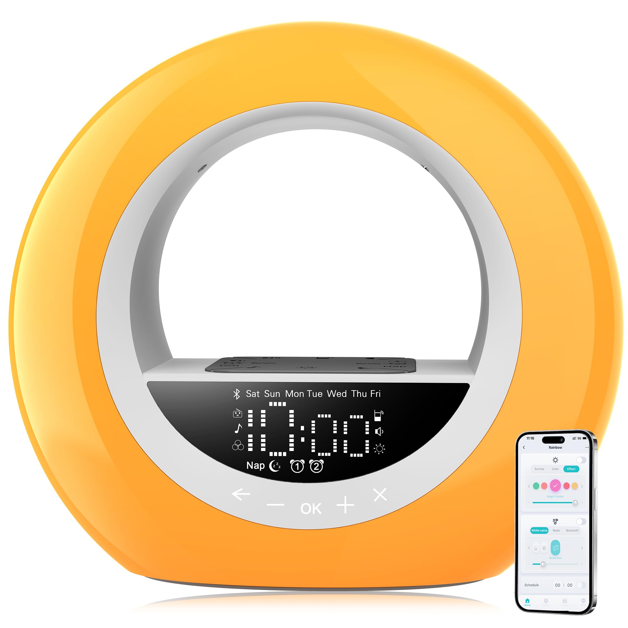 Despertador con Luz de Amanecer, Despertador Lumínico con Control por Aplicación, Altavoz Bluetooth, Simulación Amanecer y Atardecer,Radio FM,16 Colores,7 Sonidos de Naturaleza, 2 Alarmas (Amarillo)