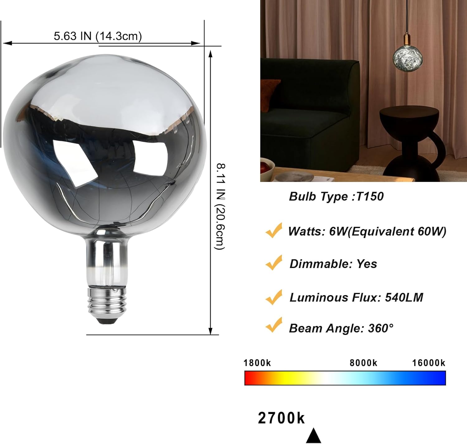 LUXON Oversized Giant LED Light Bulb,6W(60W Equ) Large Edison Bulbs,Dimmable,G150 Stone Shape Warm White 2700K,Silver Glass E26 Base, 1 Pack