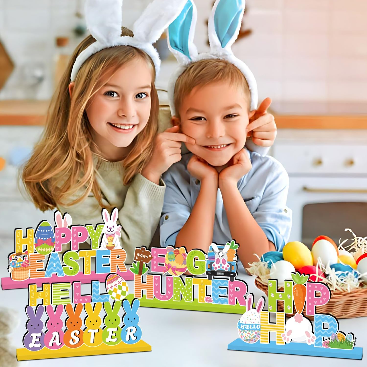 4Pcs Easter Decorations Wooden Table Centerpiece Happy Easter Table Decorations Bunny Colorful Egg Carrot Truck Tabletop Tiered Tray Decor for Home Office Party Decor Supplies