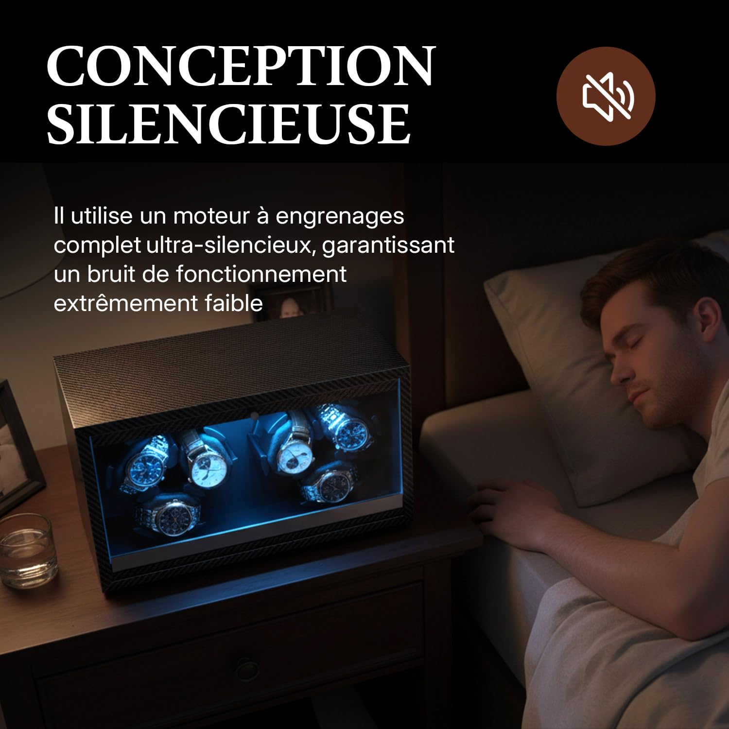 Mcbazel Remontoir Automatique pour 6 Montres, Moteur Ultra Silencieux avec Lumière LED, Boîte de Présentation avec 4 Modes de Rotation, Alimenté par USB