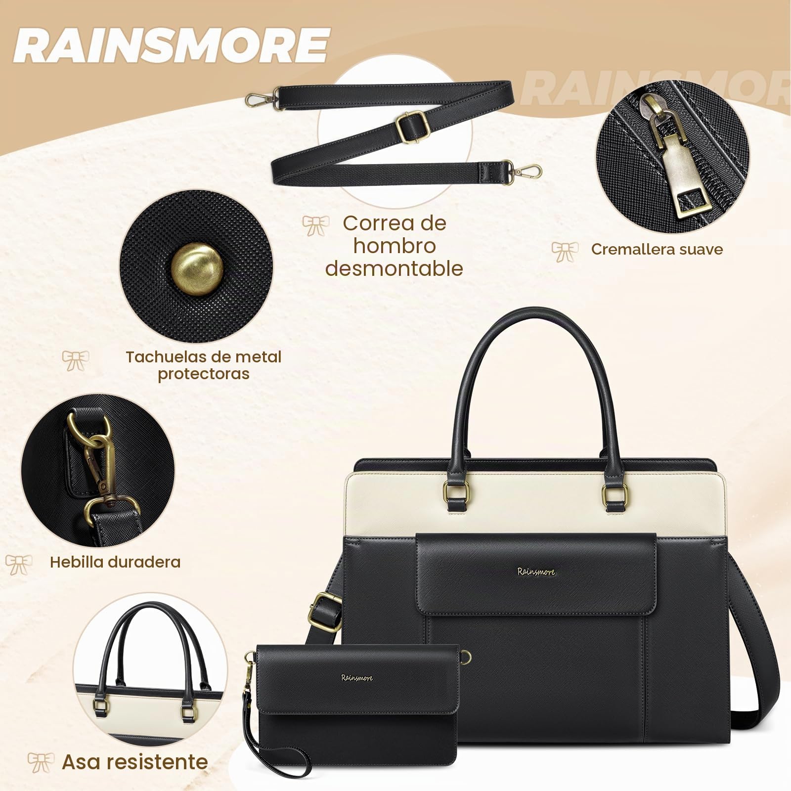 RAINSMORE Bolso Universidad Mujer Bolso Mujer Grande con Clutch Impermeable Ordenador Portatil 15.6 Pulgadas Bolsa Trabajo Shopper Oficina Negro