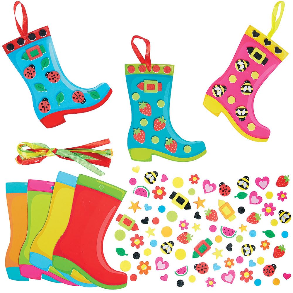 Baker Ross WA135 Wellington Boots Mix & Match Decoration Kits - Pack of 8, Colourful Foam Craft Kits for Springtime Fun