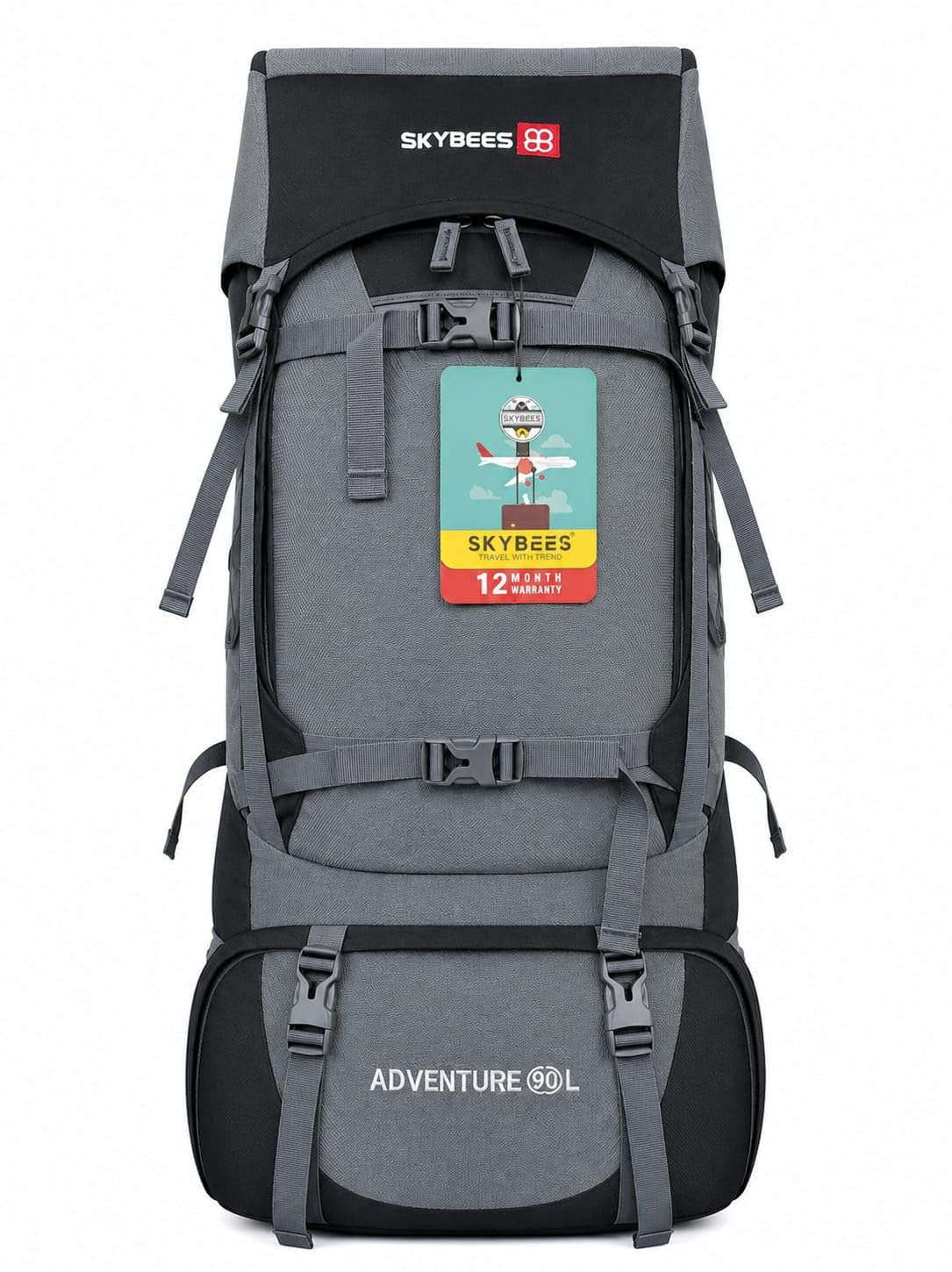 Travel Backpack for Men & Women | Trekking Hiking Backpack | Water-Resistant Rucksack | Lightweight Camping & Travel Bag | 90L | Grey & Black-picture-24