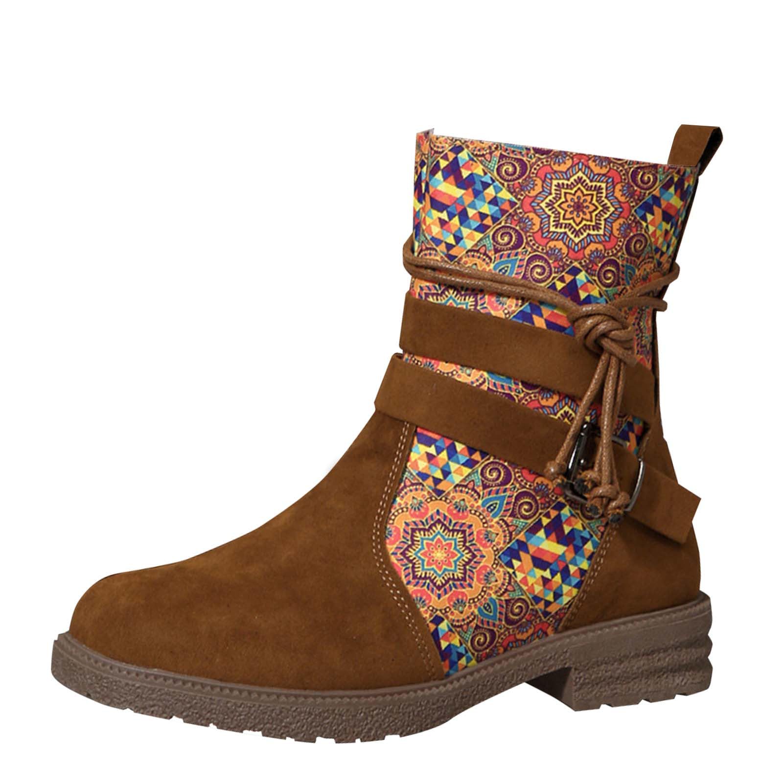 Womens Retro Boho Boots Round Toe Florals Dressy Ankle Boots Colorful Buckle Leather Low Heel Western Short Minority