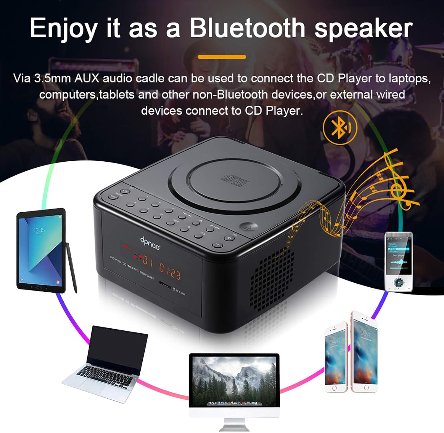 dpnao CD/DVD Player Bluetooth Compact Boombox with Speakers USB TF Port Aux-in Headphone Jack Remote Control for Home Kids Adults Students