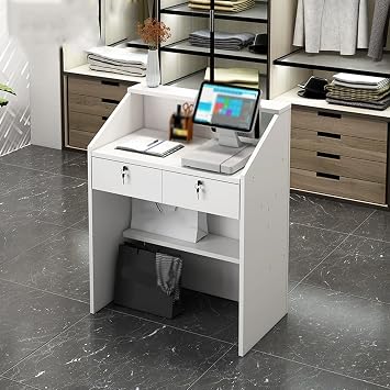 Front Desk Reception Counter,Retail Checkout Counter,Lockable Drawer, Heightened Baffle,Minimalist modern cashier counter,Service bar table White,60 * 38 * 75cm
