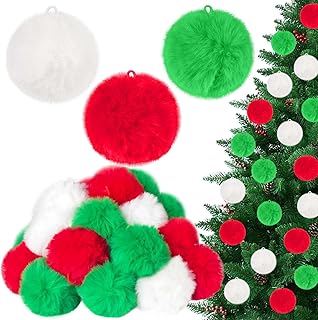 succulentlovers 33 bolas de pompón de hilo de Navidad, 2.7 pulgadas, color rojo, verde y blanco, esponjosas, pompones de piel sintética suave, bola de felpa para adornos de Navidad, manualidades