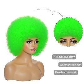 JSDshine Green Afro Wigs for Women - Soft 70s Kinky Curly Synthetic Hair Wig with Bangs, Natural Looking Short Afro Puff Bouncy Big for Daily & Party Use